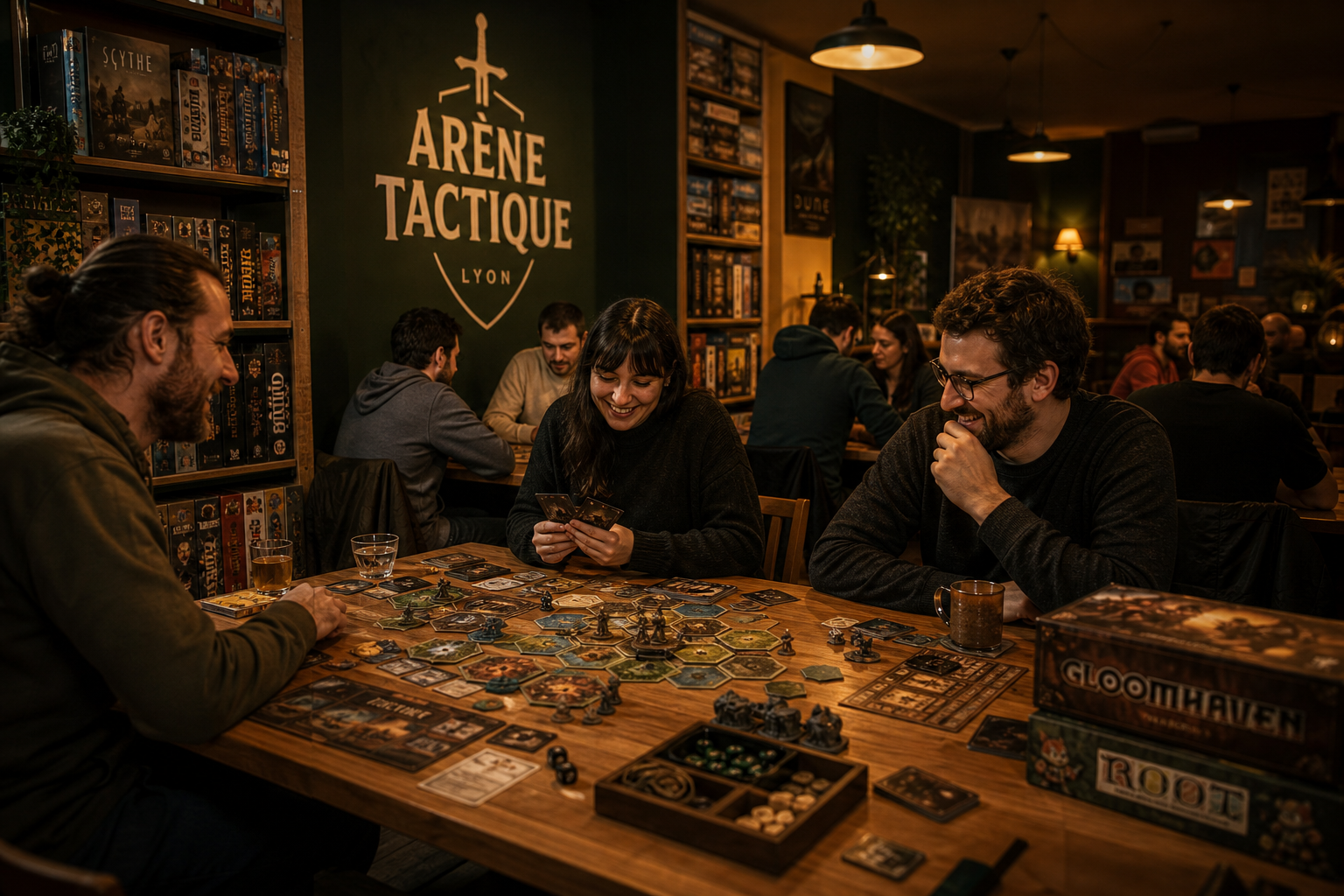Joueurs autour d'un jeu de société à l'Arène Tactique, Lyon